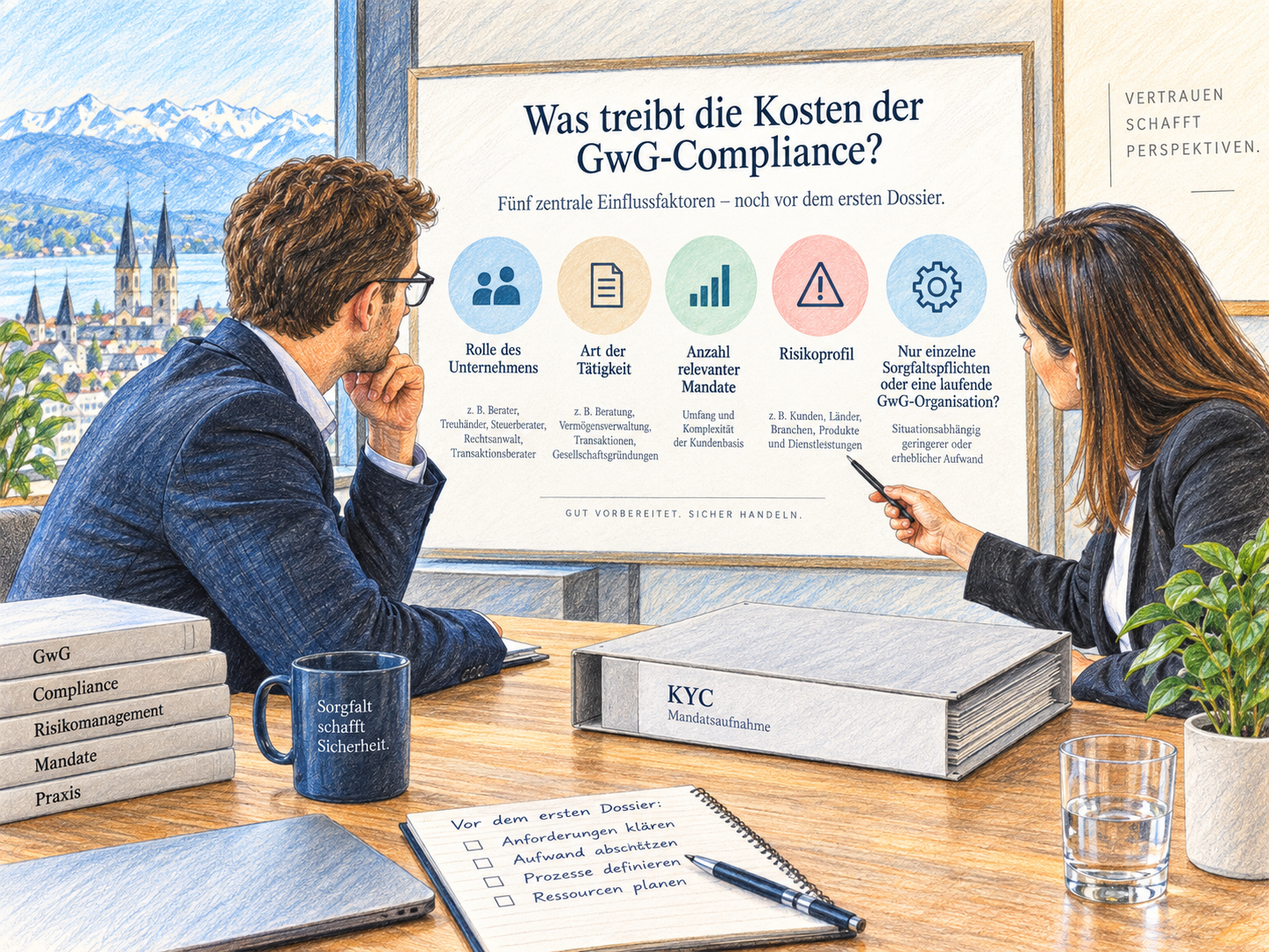 Illustration zu den fünf Kostentreibern der GwG-Compliance: Rolle des Unternehmens, Art der Tätigkeit, Anzahl relevanter Mandate, Risikoprofil und Umfang der GwG-Organisation.