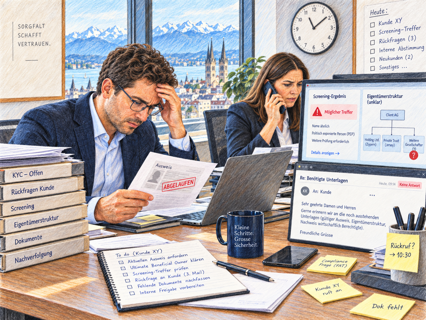 Illustration eines manuellen KYC-Prozesses mit abgelaufenem Ausweis, Screening-Treffer, unklarer Eigentümerstruktur, Rückfragen an Kunden und offenen Dokumenten.