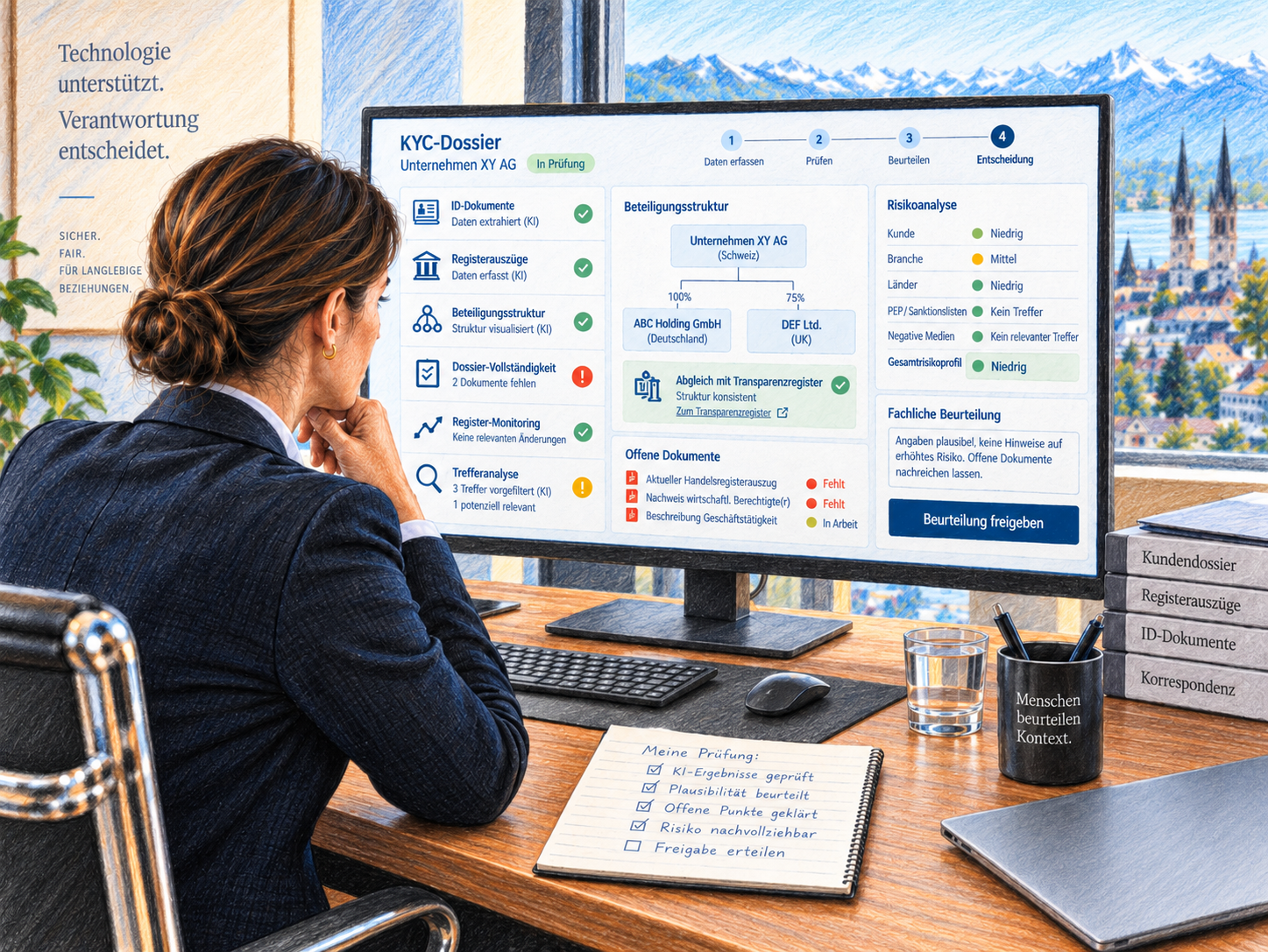 Illustration eines digitalen KYC-Dossiers mit ID-Dokumenten, Registerauszügen, Beteiligungsstruktur, Risikoanalyse, offenen Dokumenten und menschlicher Freigabe der Beurteilung.